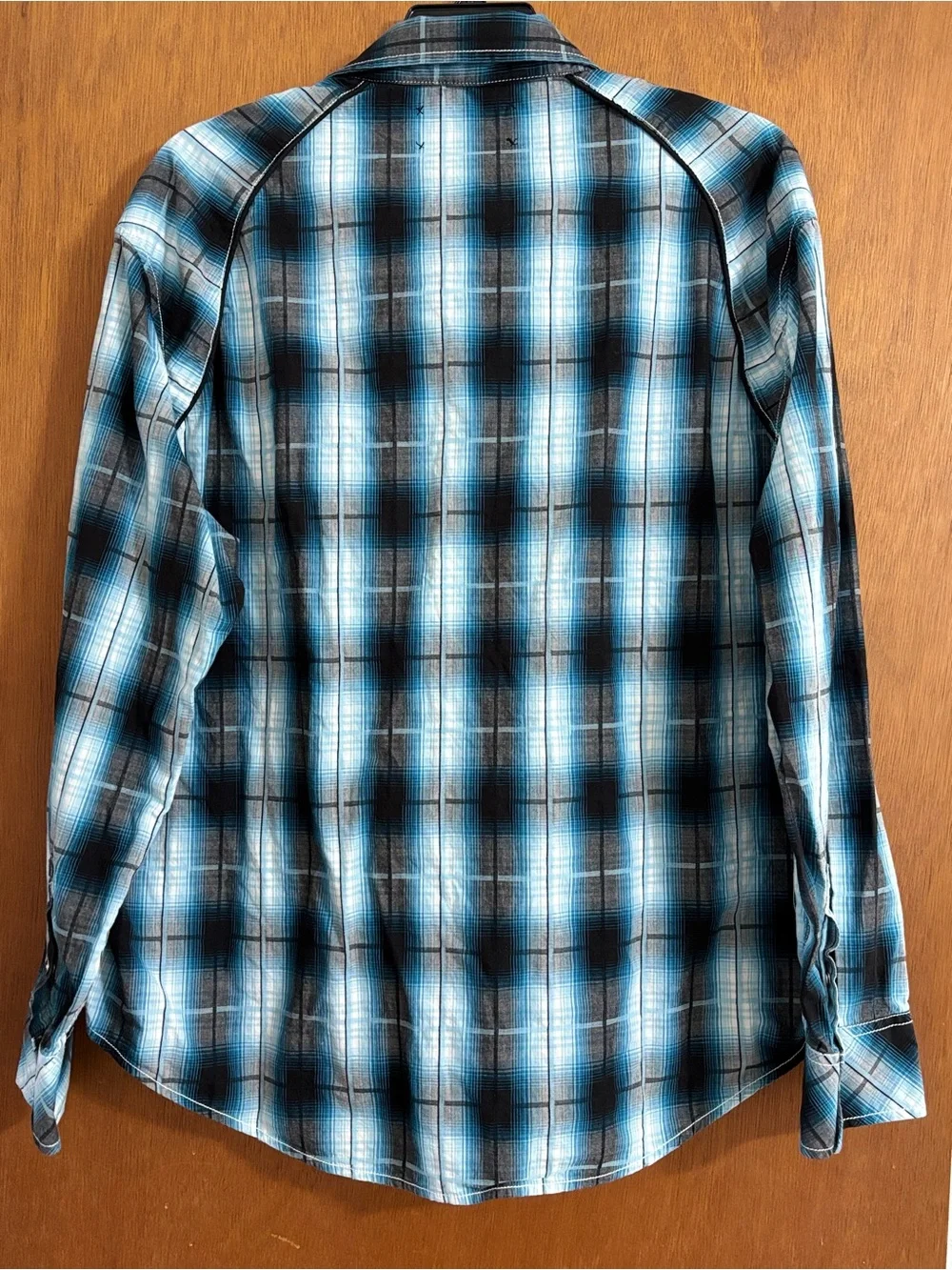 Rock & Roll Cowboy Long Sleeve Western Pearl Snap Blue Black Plaid Shirt 2XL